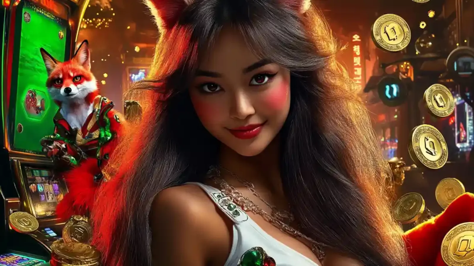 Attractive casino girl with slots, coins and neon gambling background