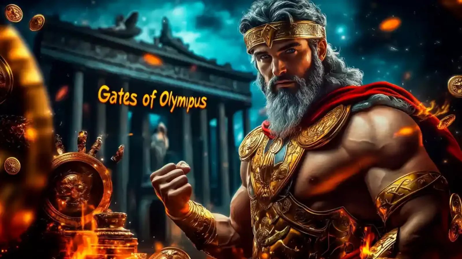 Zeus character from Gates of Olympus slot with golden coins and fire