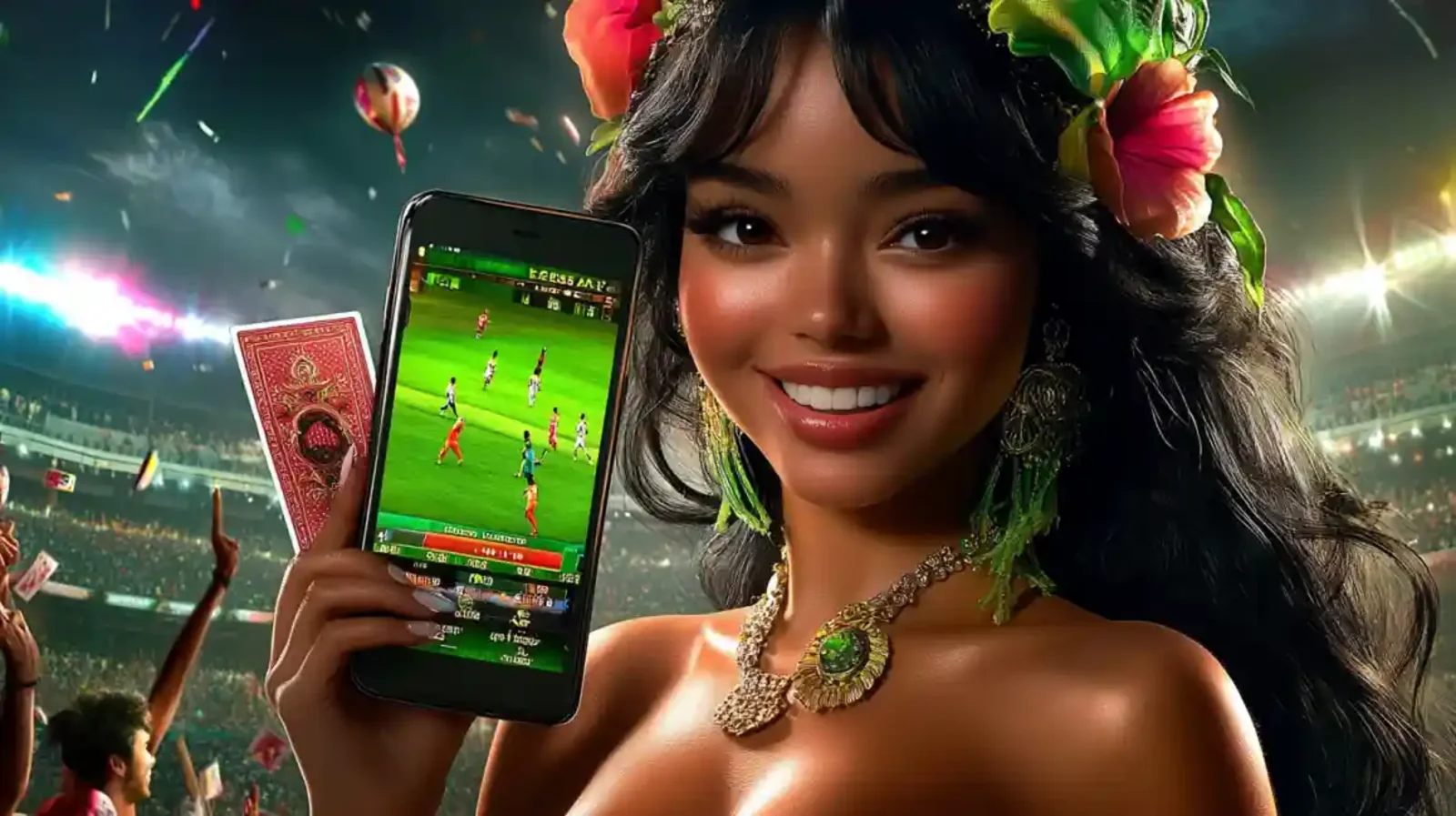 Smiling woman holding smartphone with live football betting interface